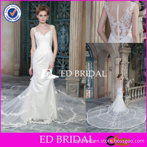 CE1471 Sexy Elegant Sheath See Through Back Lace Long Trail Wedding Dress